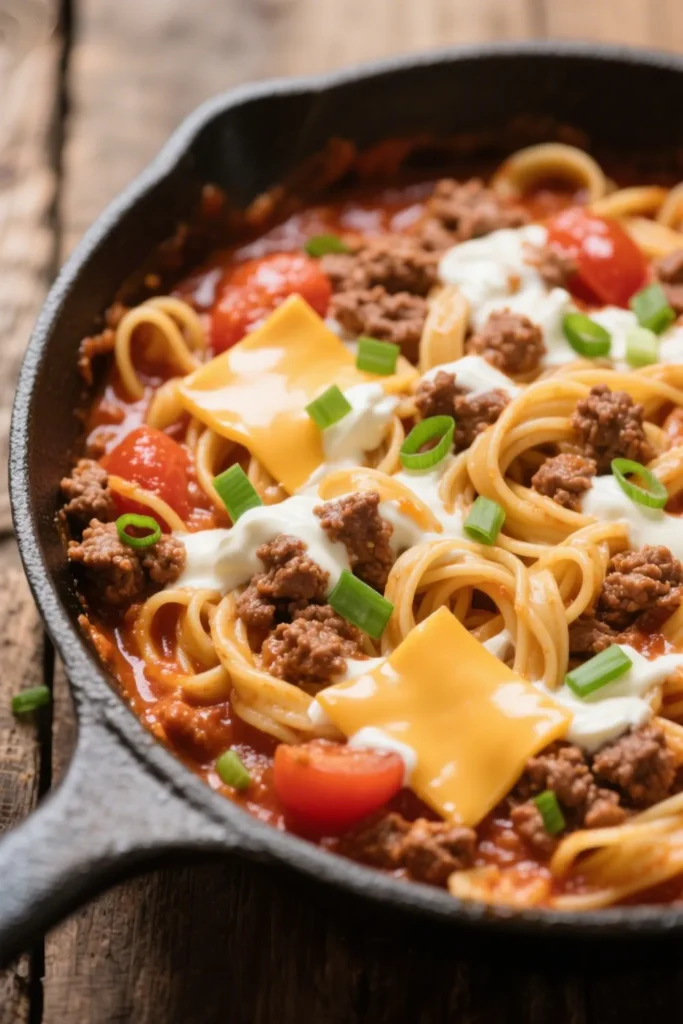 Creamy Beef Tomato Noodle Skillet
